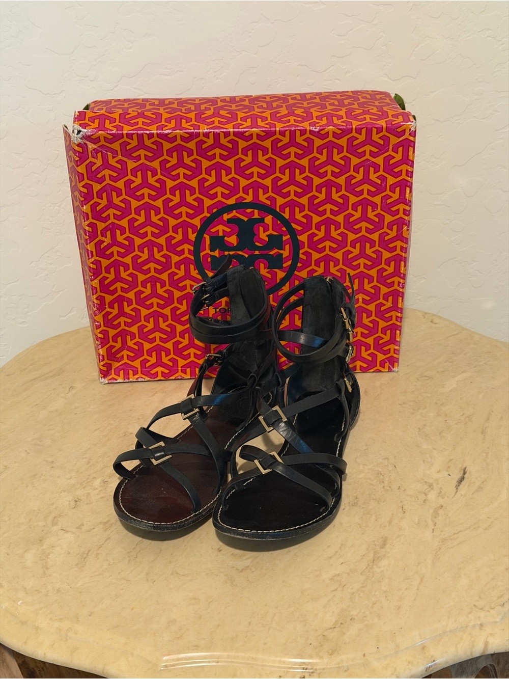 Tory Burch Black Leather Gladiator Sandals with Gold Accents
